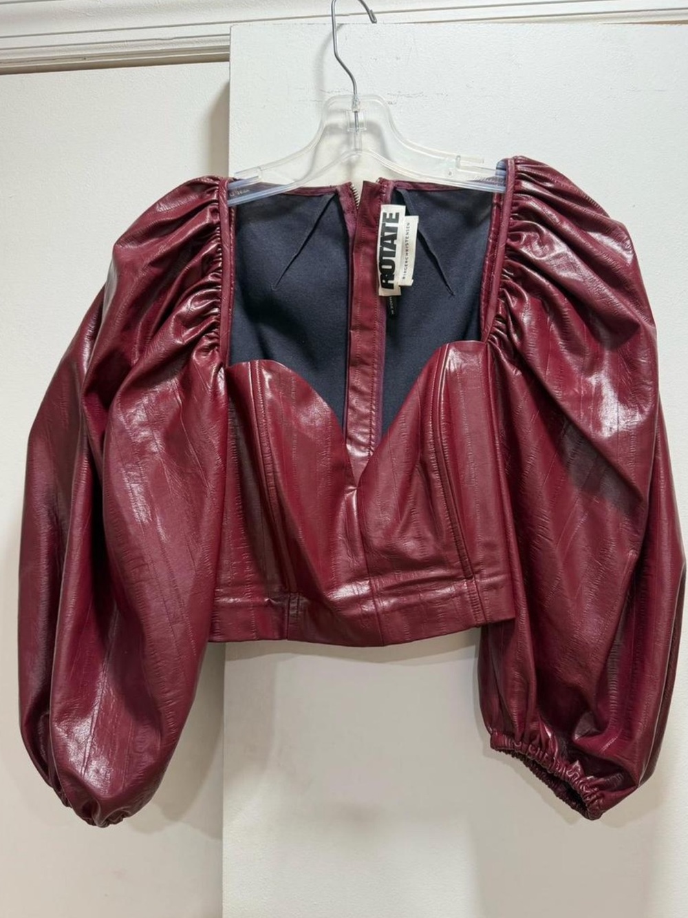 FOLIATE Burgundy Faux-Leather Puff Sleeve Crop Top